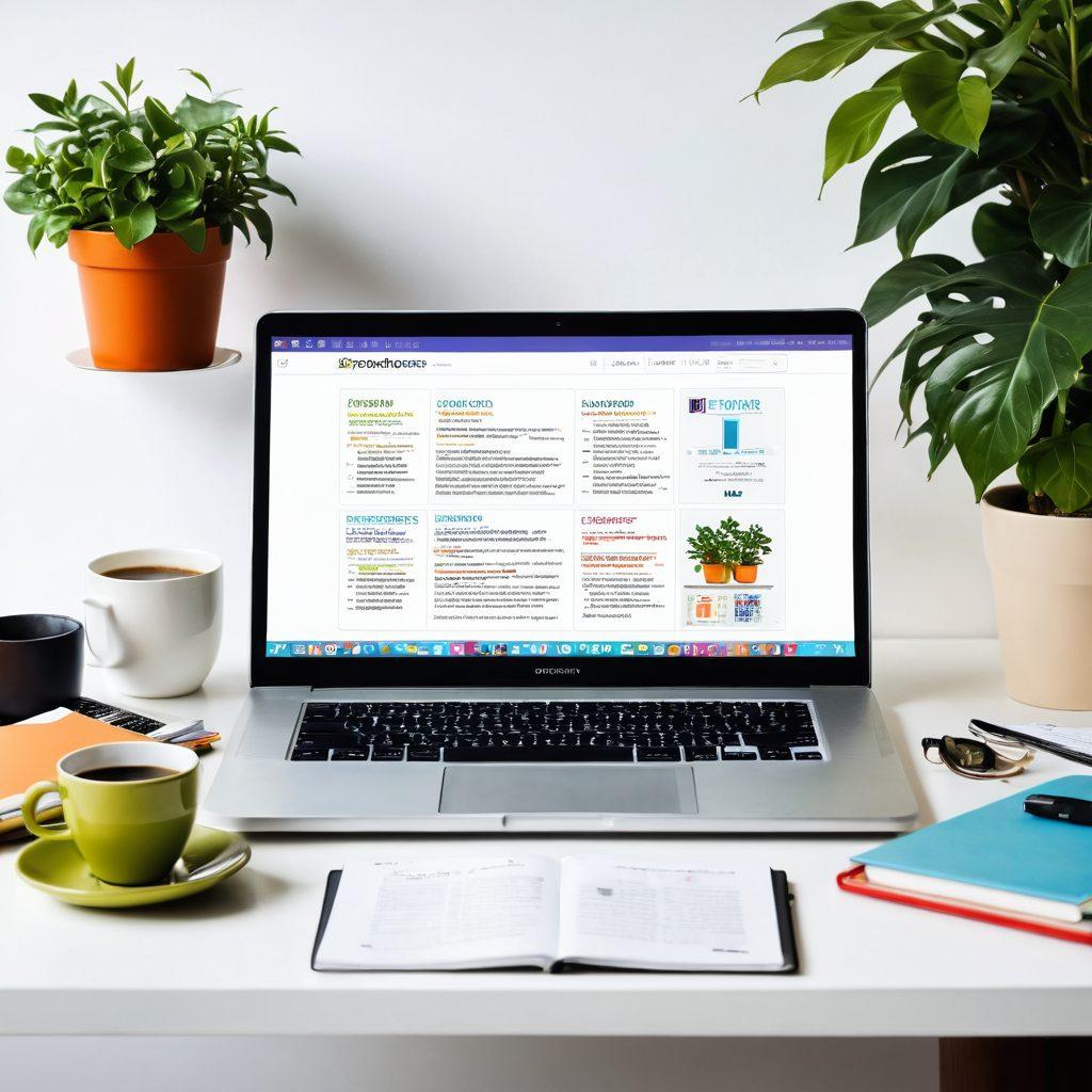 A visually striking laptop with an open online journal interface displaying colorful entries. Surrounding the laptop, floating icons representing subscription renewal, membership management, and automation. A calm, organized workspace with a cozy ambiance, including a cup of coffee and plants. The atmosphere is bright and inviting, suggesting productivity and creativity. super-realistic. vibrant colors. white background.