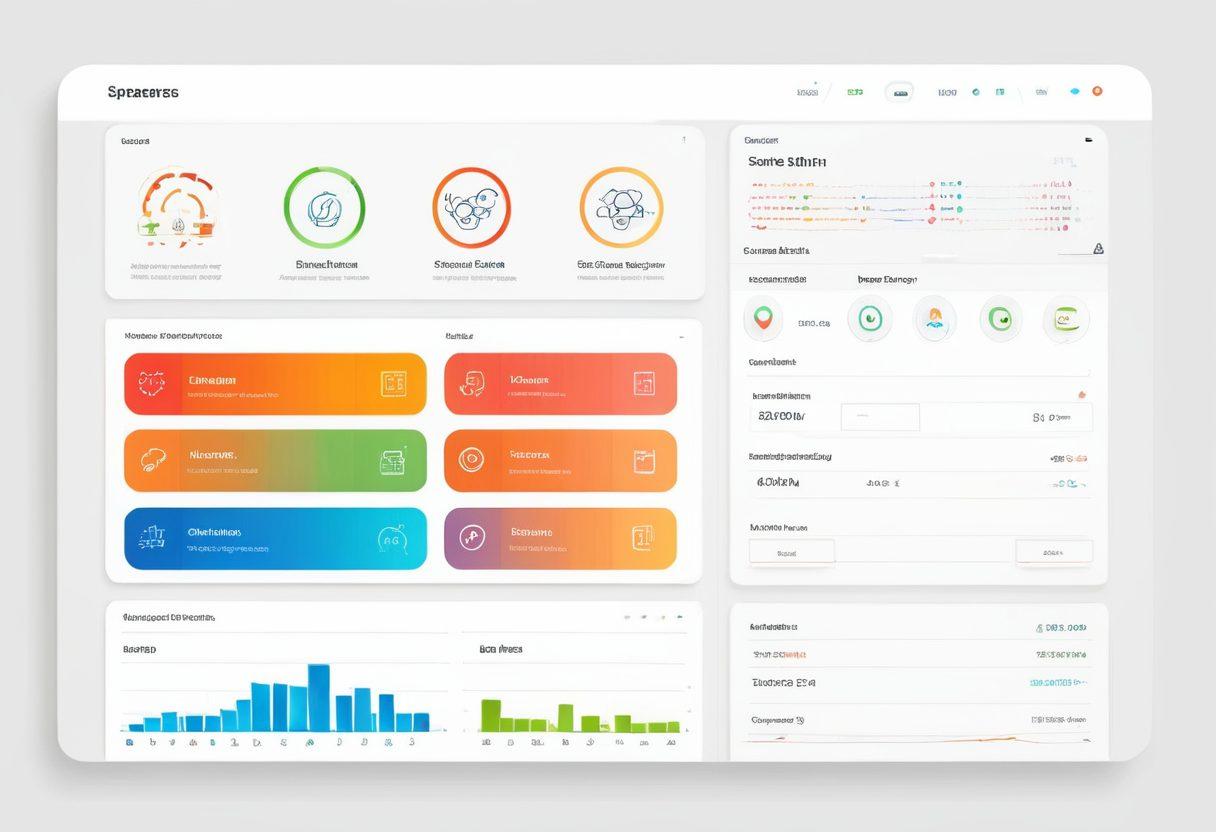 A sleek dashboard interface showcasing user profiles and membership statistics, surrounded by symbols of digital connectivity like clouds and networks. Illustrate ease of navigation with bright colors and smooth lines, emphasizing a sense of simplicity and organization. Include digital elements such as gears or checkmarks representing efficiency. modern design. vibrant colors. white background.