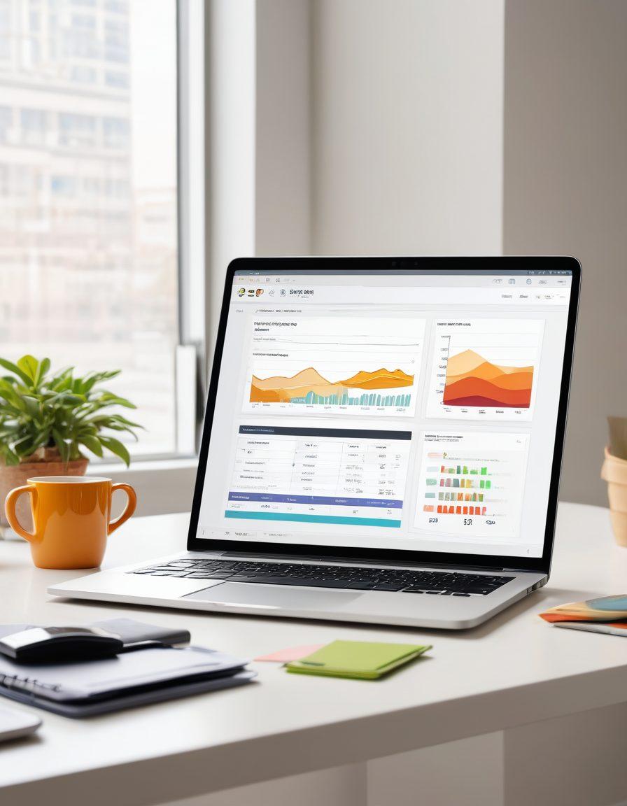A sleek digital workspace featuring a modern laptop displaying a colorful dashboard for automated invoicing and recurring billing. Surrounding elements include charts, graphs, and reminders, highlighting efficiency in content strategy. A cup of coffee sits beside the laptop, suggesting productivity and focus. Soft lighting gives a warm, inviting atmosphere. super-realistic. vibrant colors. white background.